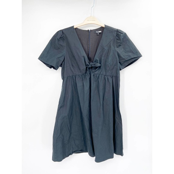 Madewell Black Poplin Tie Front V-Neck Short Sleeve Mini Dress Size 8 - Picture 3 of 7